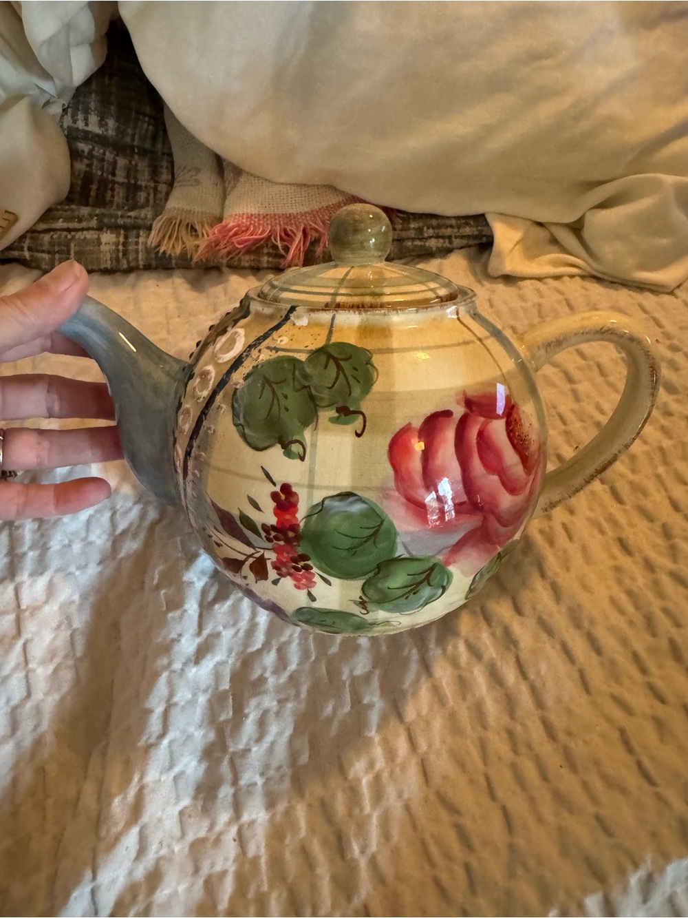 Hand-Painted Floral Ceramic Teapot - Pink Rose and Green Leaves